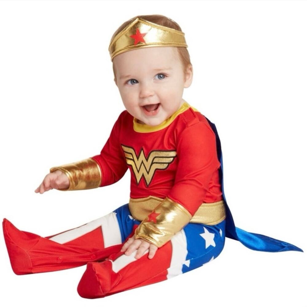 DC Wonder Woman Baby 0-6M Halloween Costume Jumpsuit Cape Belt Crown Cuffs